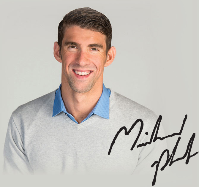 Afbeelding van Michael Phelps met zijn handtekening
