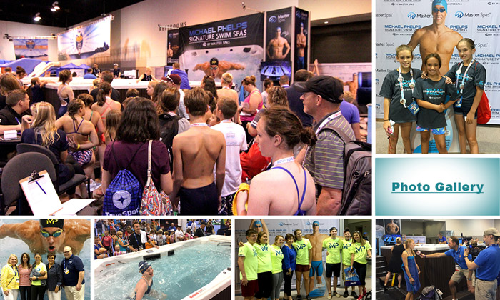 Zwemmers in de rij voor de Michael Phelps Swim Spa Challenge in de Aqua Zone in Omaha
